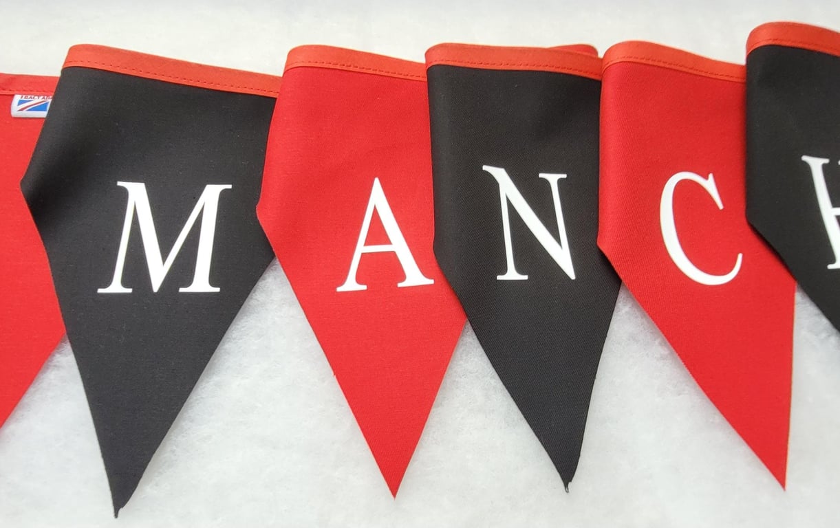 Manchester united printed bunting - red and black flags with white lettering