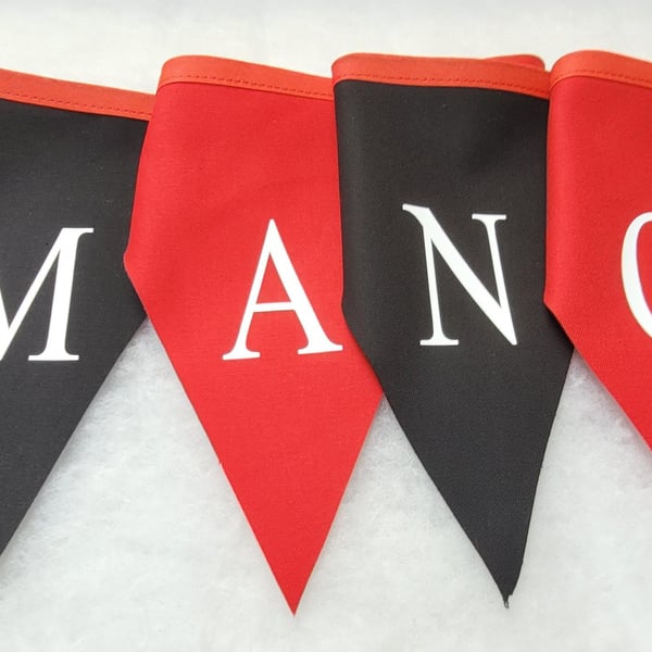 Manchester united printed bunting - red and black flags with white lettering
