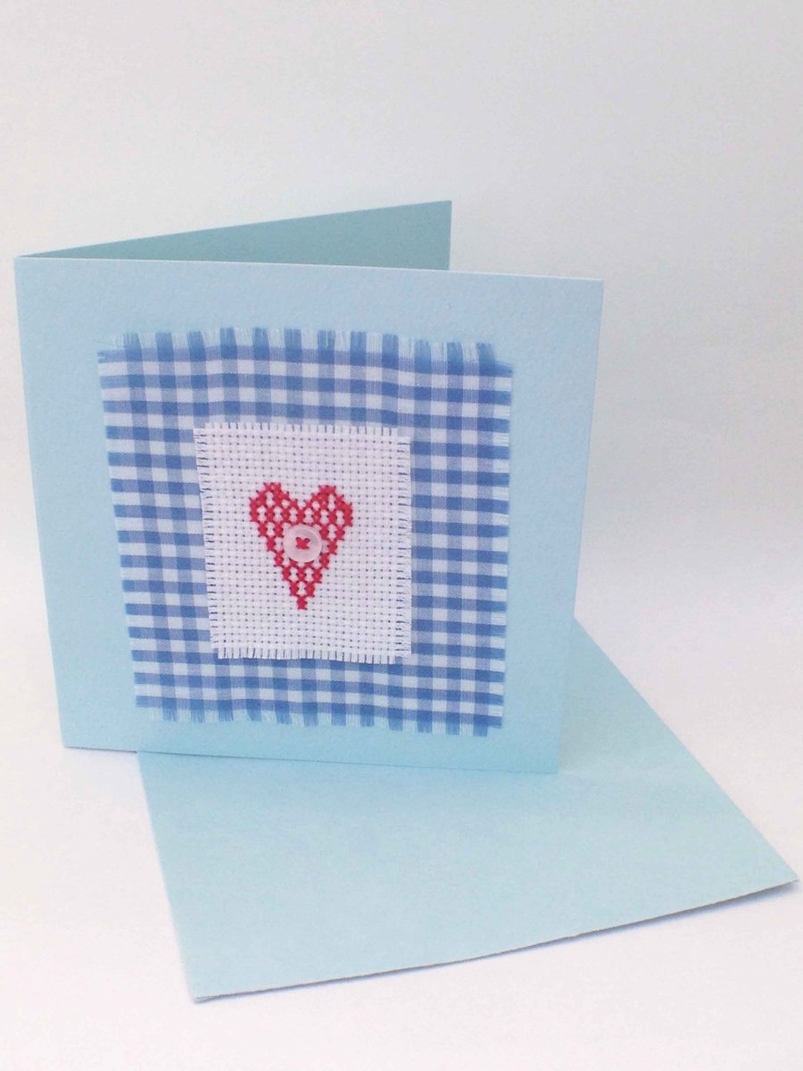 Cross Stitched Heart Card - Blue Card with a Red Heart Cross Stitch Design