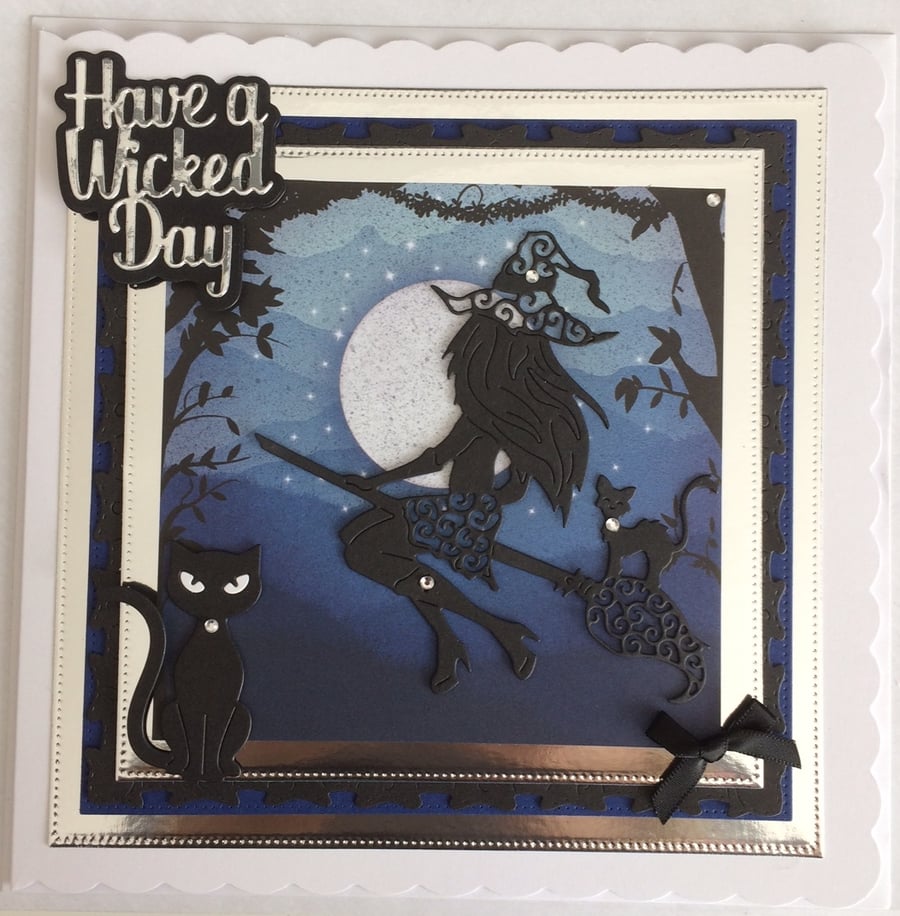 3D Luxury Handmade Card Pagan Halloween Have a Wicked Day Sexy Witch Cats