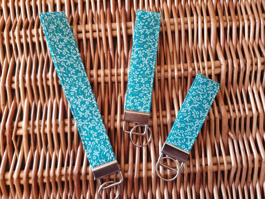 Turquoise Floral Fabric Keyring Fob Wristlet