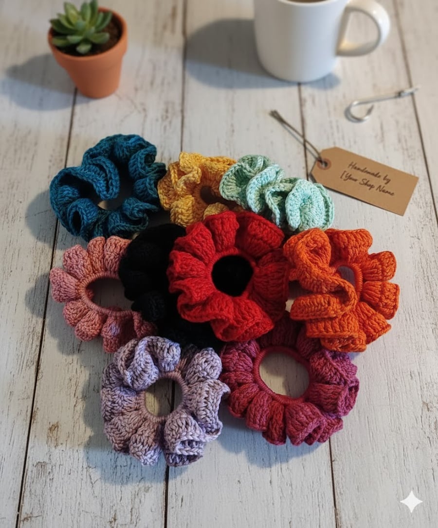 Crochet Ruffle Scrunchie: 100% Cotton Boho Hair Tie, Custom Colours