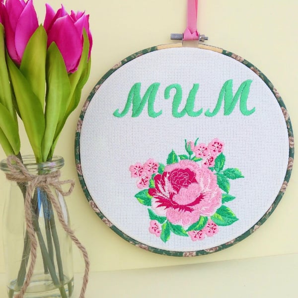 Mum & Rose Embroidery Hooped Decoration 20cm (8”) ready to hang