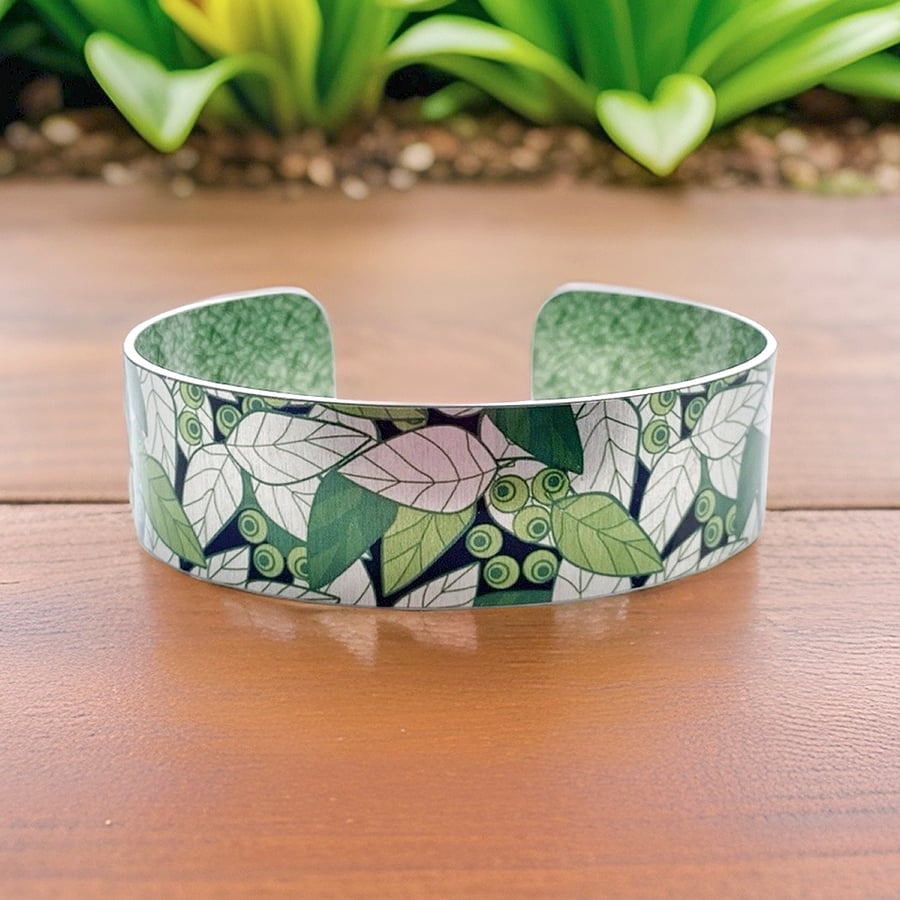 Cuff bracelet with leaves, personalised bangle with olive green leaves. (356)