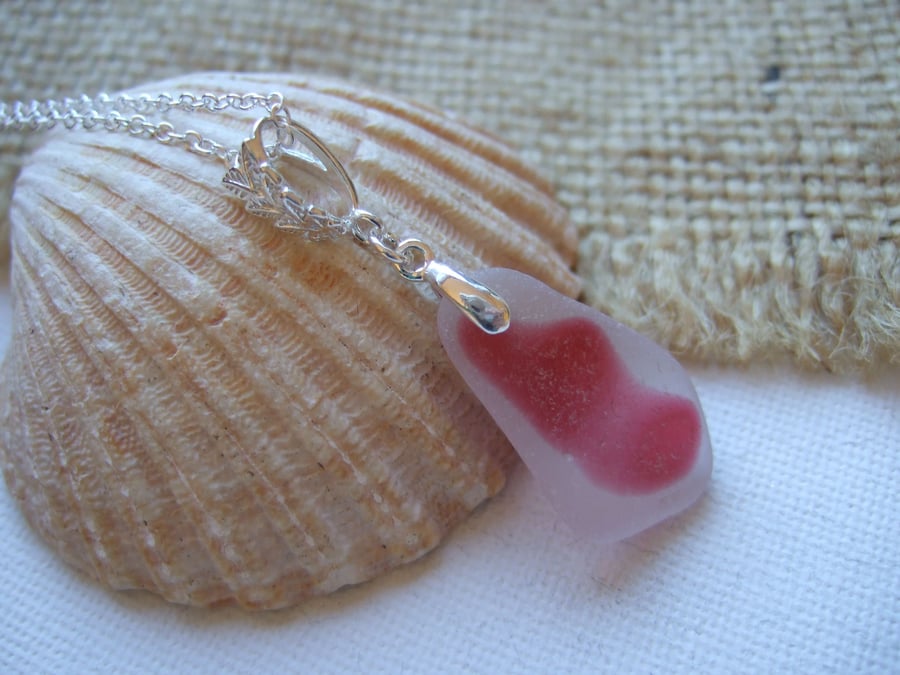 Pink Scottish sea glass necklace, pink flash beach glass pendant, flawless pink 