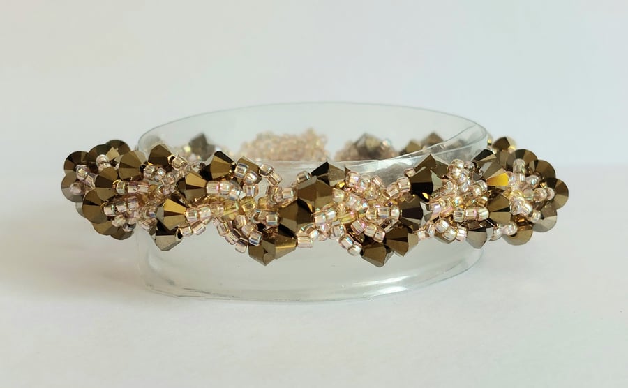 Champagne gold and  bronze crystal, spiral bracelet