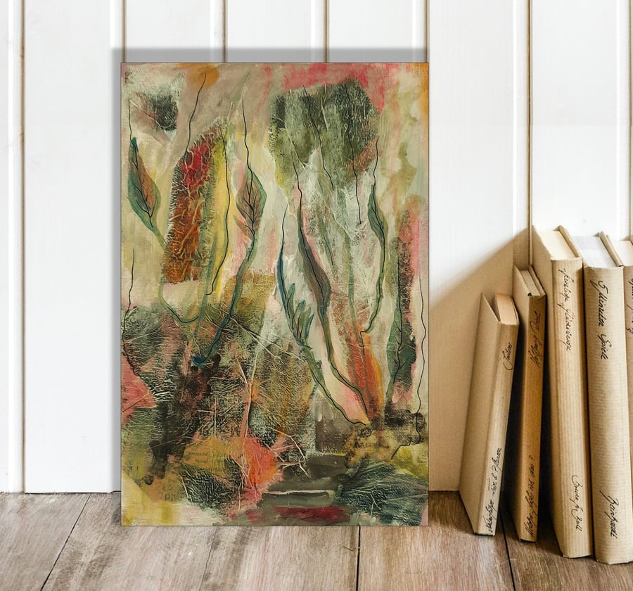 Expressive Abstract Painting Leaves Plants Landscape Mixed Media Collage Art