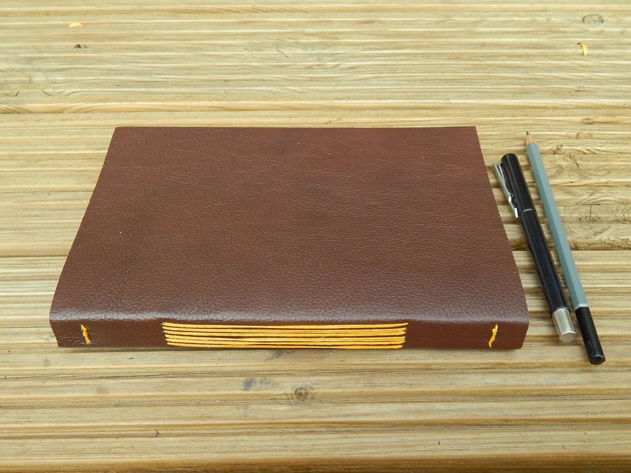 Leather Journal Sketchbook, Chestnut Brown with Golden thread
