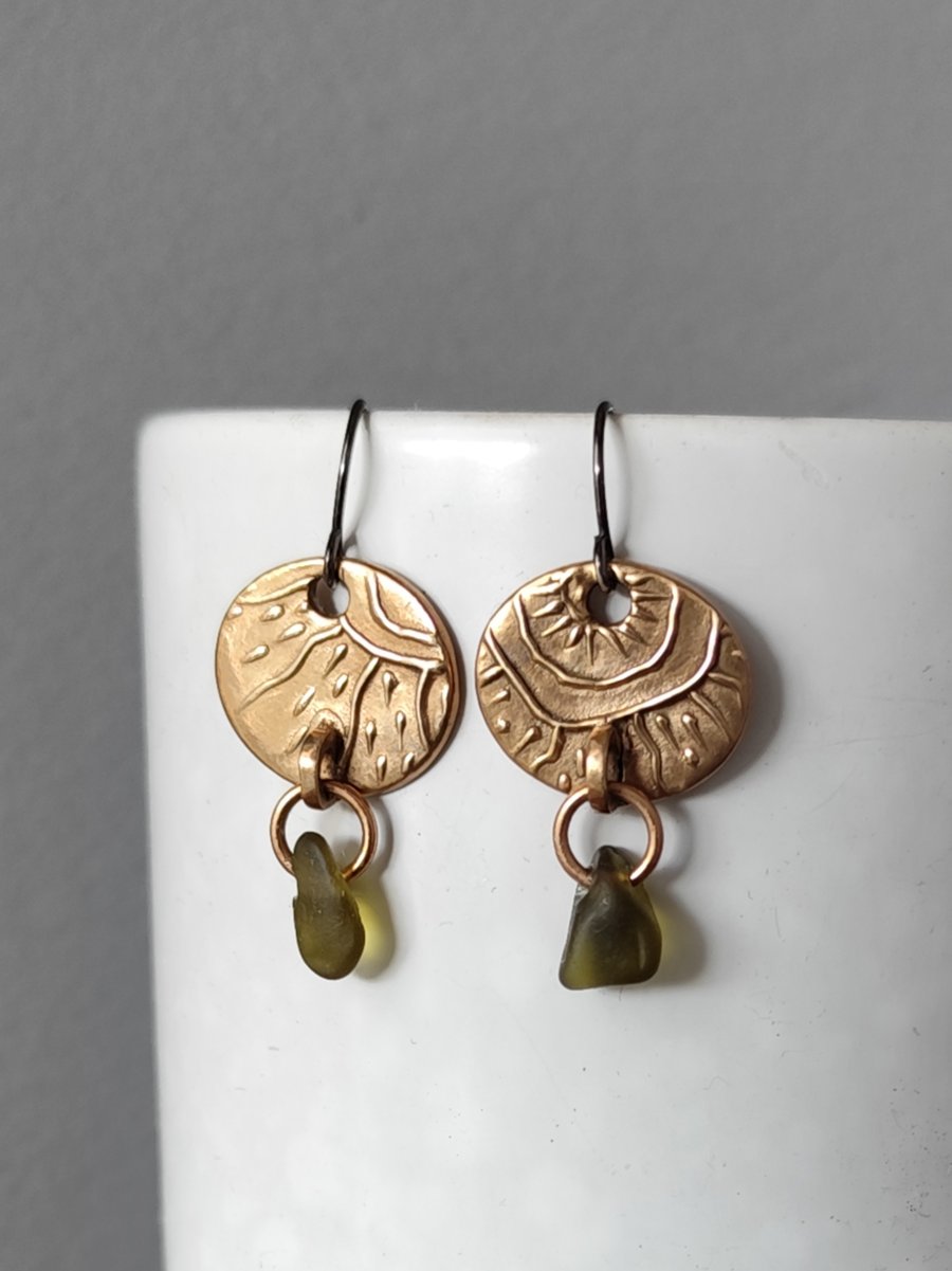 Circular Bronze and seaglass drop earrings, recycled material