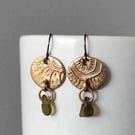 Circular Bronze and seaglass drop earrings, recycled material