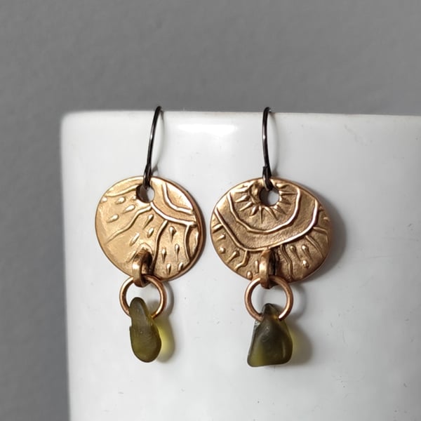 Circular Bronze and seaglass drop earrings, recycled material