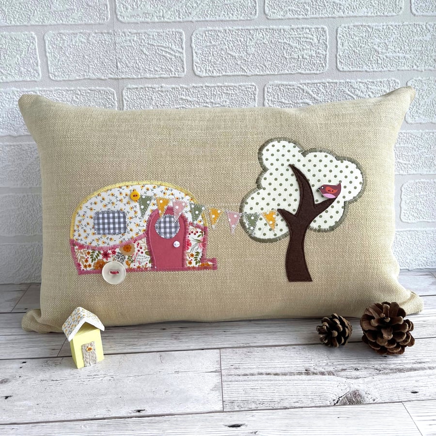Caravan Cushion with Tree and Bunting