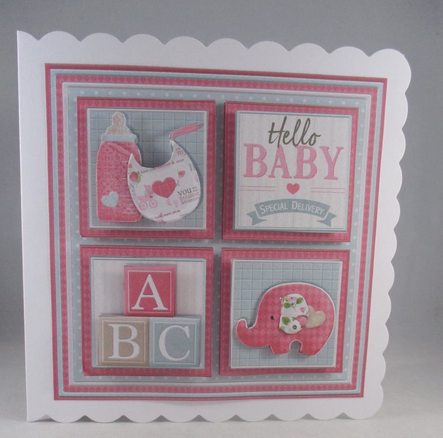 Handmade Decoupage,3D Baby Girl, Greetings Card, Squares, Personalise, Daughter,