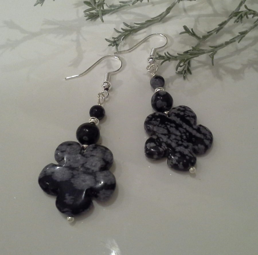 Snowflake Obsidian Large Flower Earrings Silver Plate
