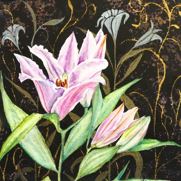Asiatic Lily Decorative Botanical Watercolour Painting Square Fine Art