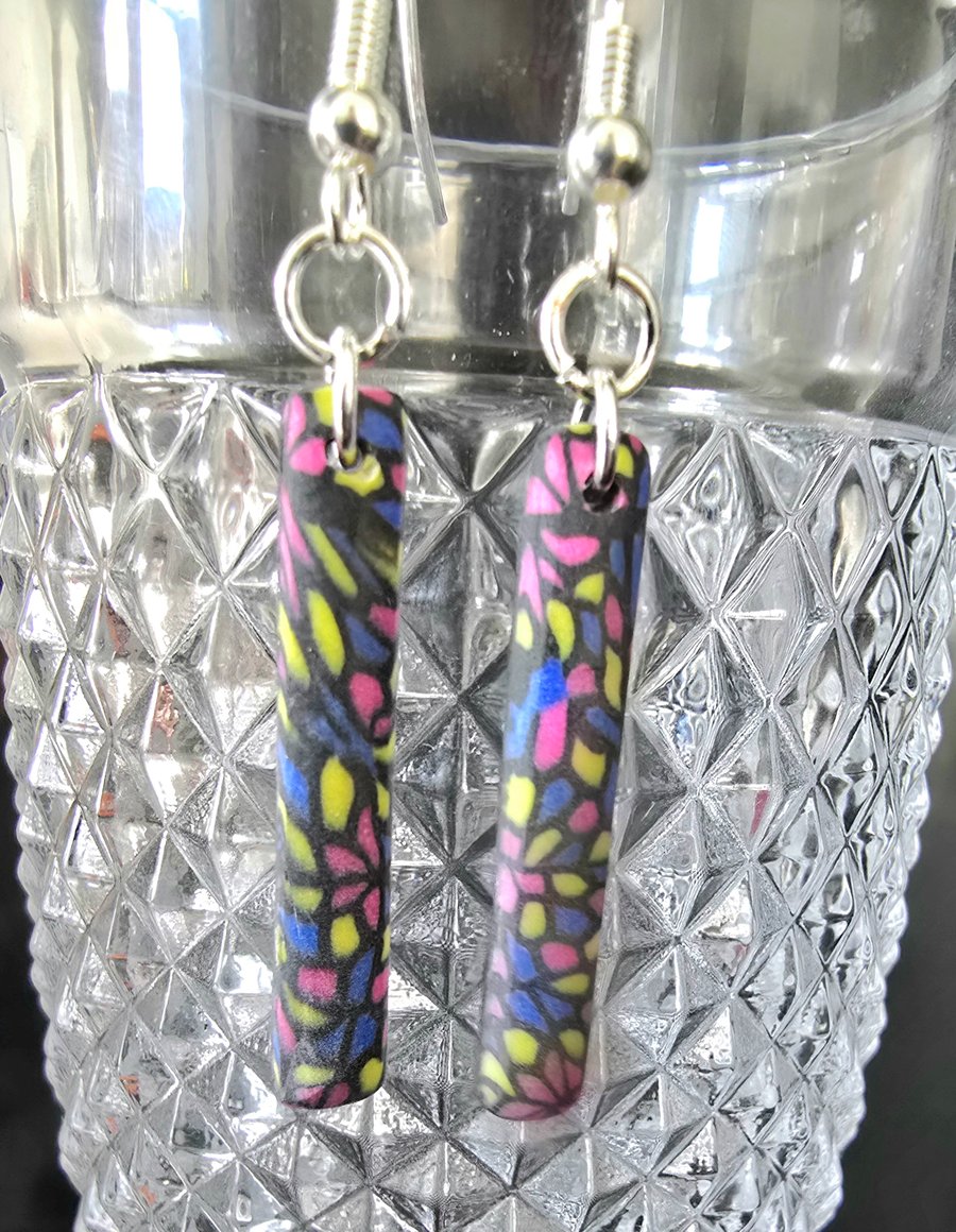 Polymer clay stained glass inspired drop earrings on silver plated earhooks