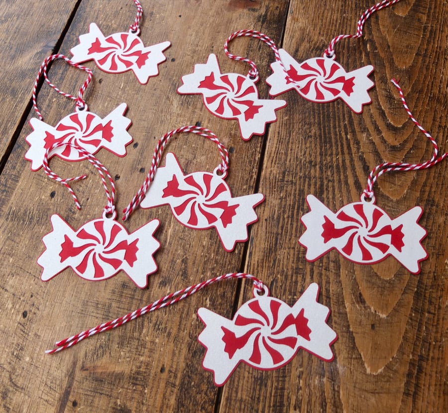 8 Red and White Glitter Candy Shaped Christmas Gift Tags