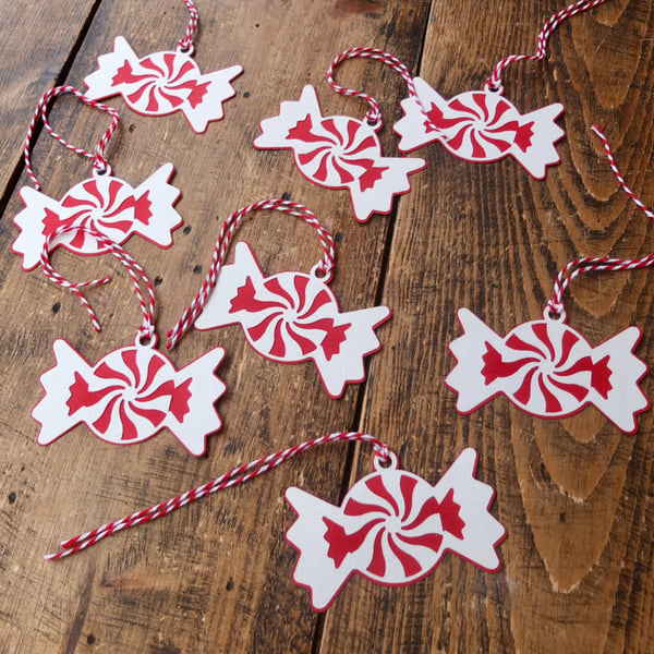 8 Red and White Glitter Candy Shaped Christmas Gift Tags