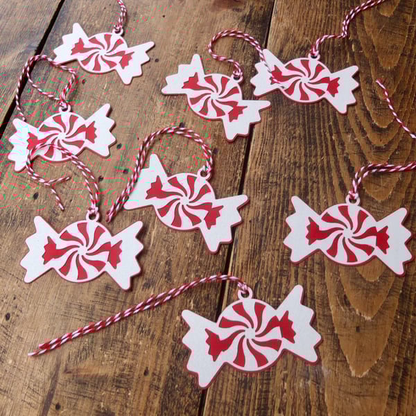 8 Red and White Glitter Candy Shaped Christmas Gift Tags