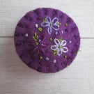 Hand Embroidered Floral Brooch on Purple Wool Felt