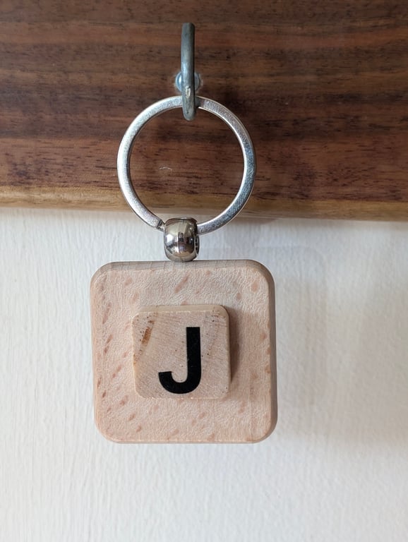 Alphabet letter tile wooden keyring - bagcharm - J