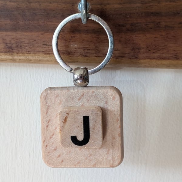 Alphabet letter tile wooden keyring - bagcharm - J