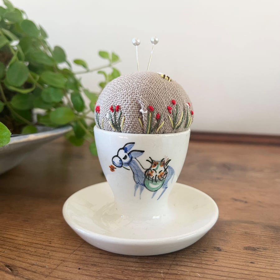 Donkey handpainted egg cup embroidered pin cushion