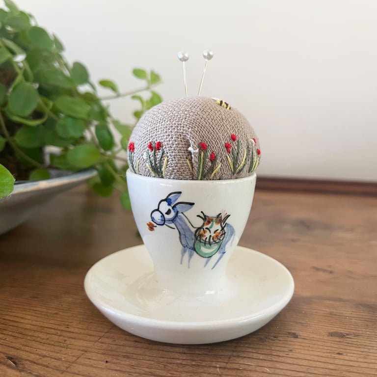 Donkey handpainted egg cup embroidered pin cushion