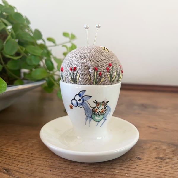 Donkey handpainted egg cup embroidered pin cushion