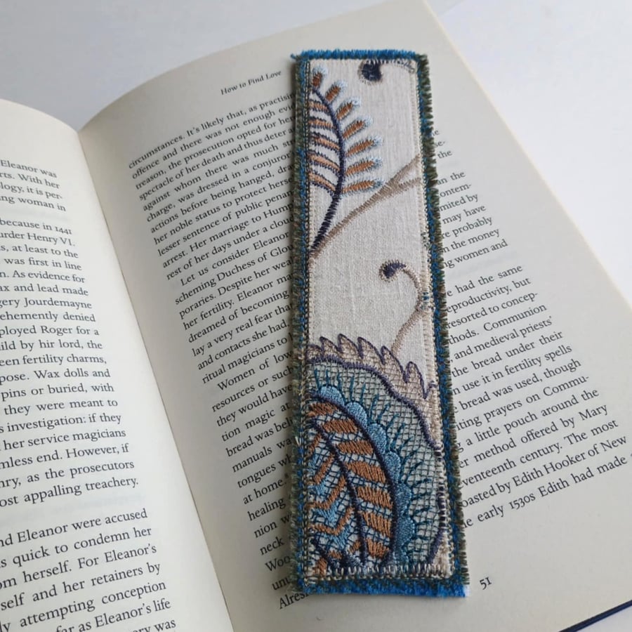 Textile bookmark - blue embroidered curtain, wool and velvet fabrics