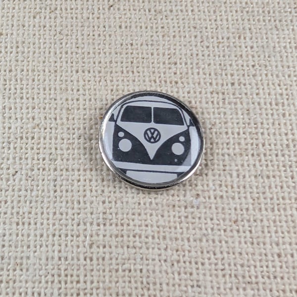 Camper Van Badge - Black and White Camping Themed Pin -Large Resin Topped Pin 