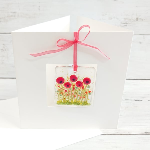 Poppies Card with Handmade Fused Glass Keepsake 