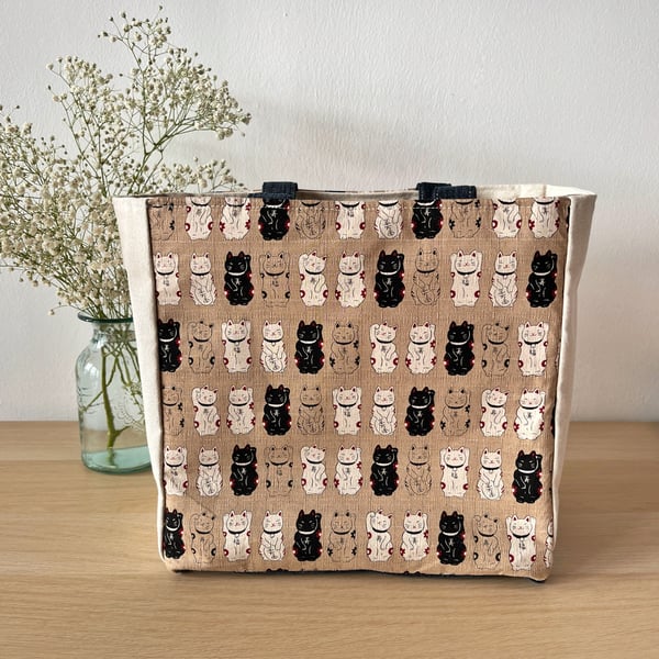Large Tote Bag with Pockets Japanese Lucky Cat Fabric Canvas Limited Edition