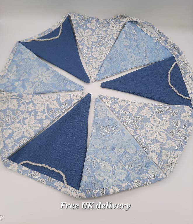 Blue theme bunting, 9 large contrasting pendants, tulle and beads. 