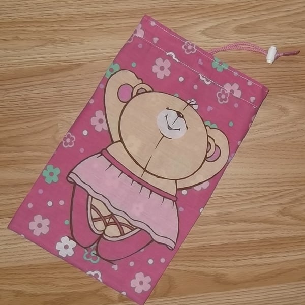 Drawstring bag. Slipper Shoe bag. Pink Ballet bear