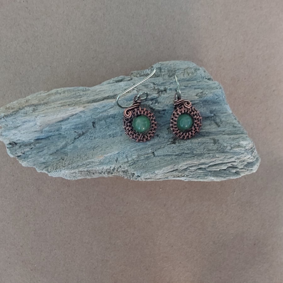 Copper wire weave Aventurine earrings fitted with hypoallergenic ear wires 
