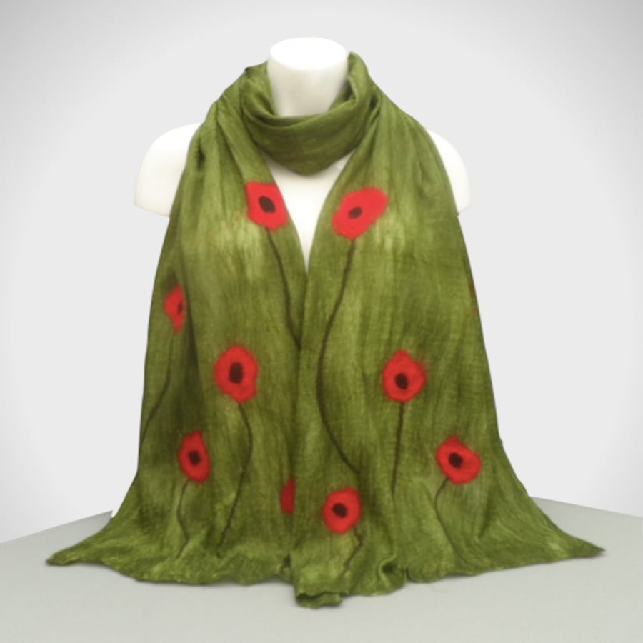 Gift boxed nuno felted scarf, green with poppies - longer length