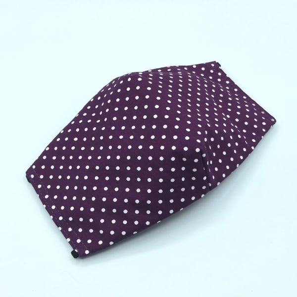 Purple Polka Dot Face Mask. Triple layered. 100 % Cotton Fabric.