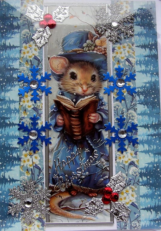 Hand Crafted Decoupage Chistmas Card - Happy Christmas (3226) Mouse Reading Book