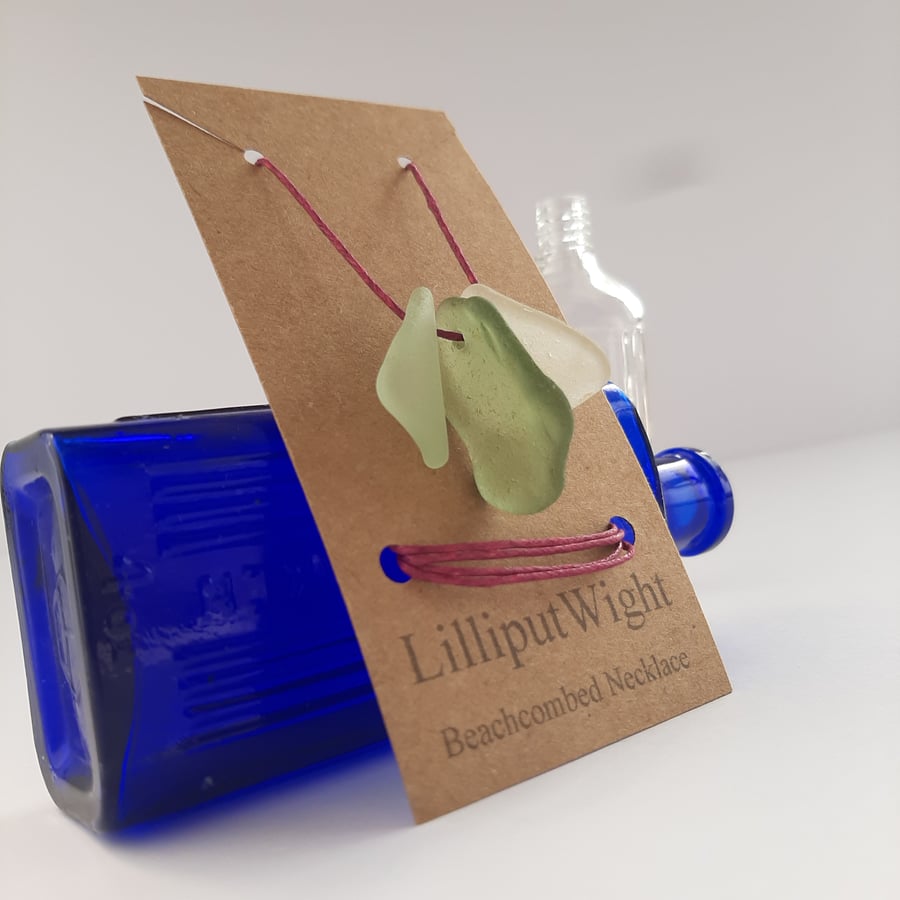 Beachcombed Necklace, Green and White Sea Glass and Cotton Cord 