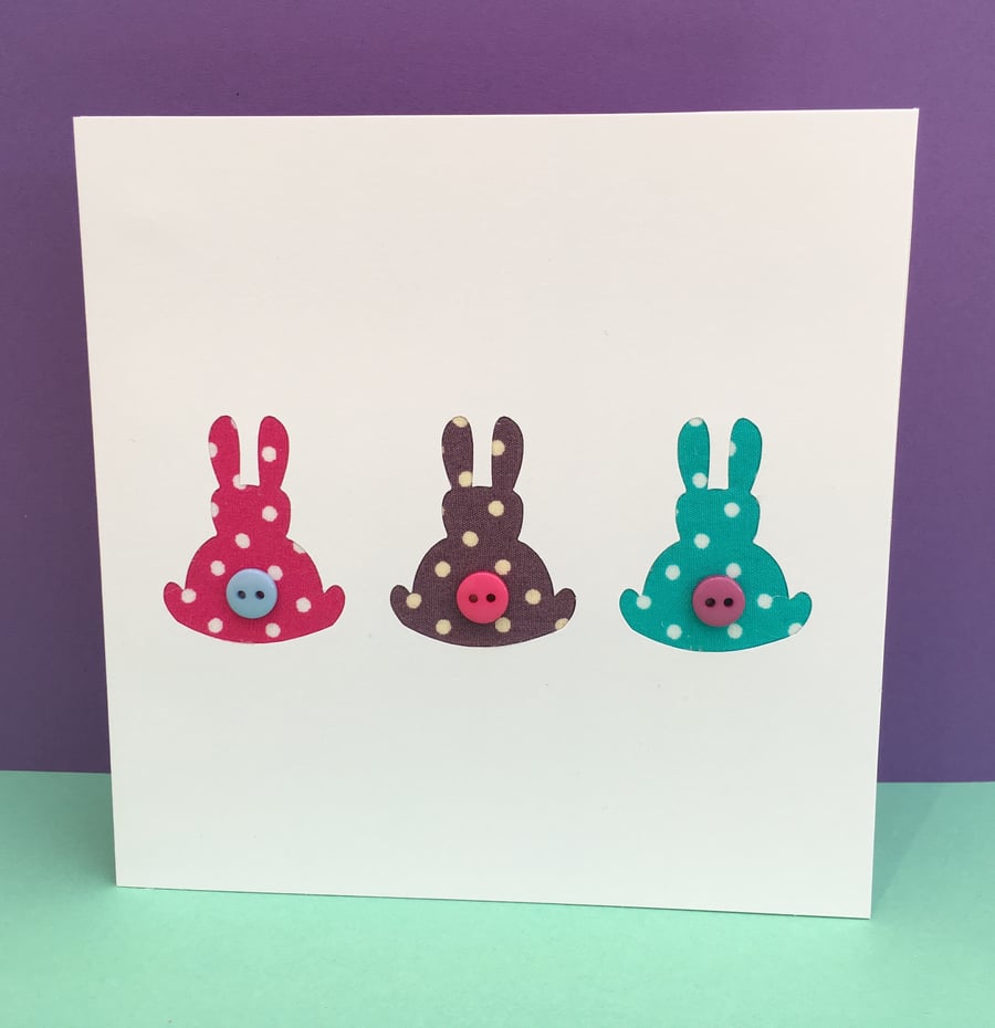  3 Little Dotty Bunnies Card with button tails - Easter Rabbit Card