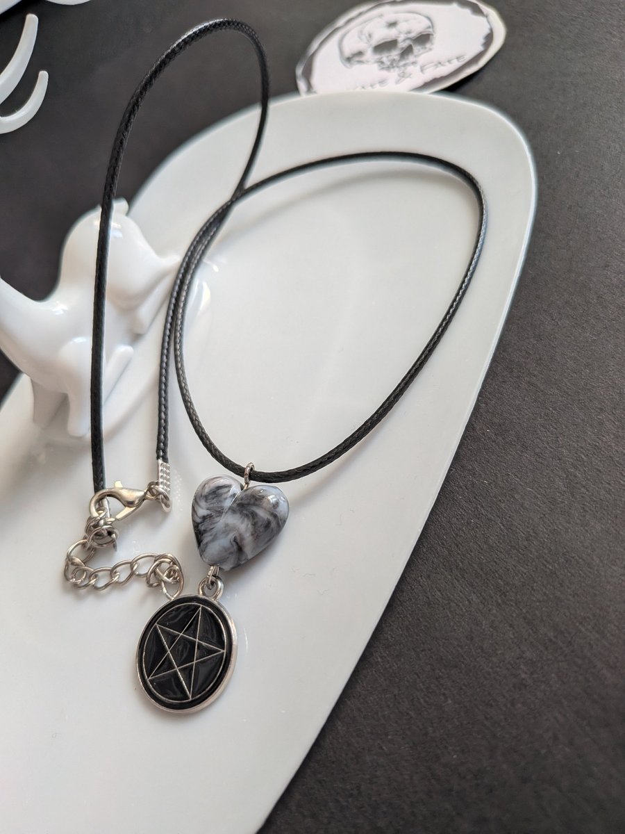 Marbled Heart & Pentagram Pendant Necklace - Handcrafted Gothic & Witchy
