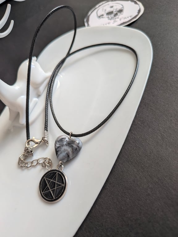 Marbled Heart & Pentagram Pendant Necklace - Handcrafted Gothic & Witchy