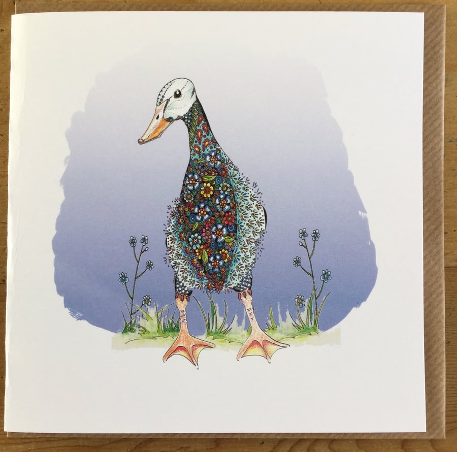 Beautiful Blue Floral Runner  Duck Greeting Cards 
