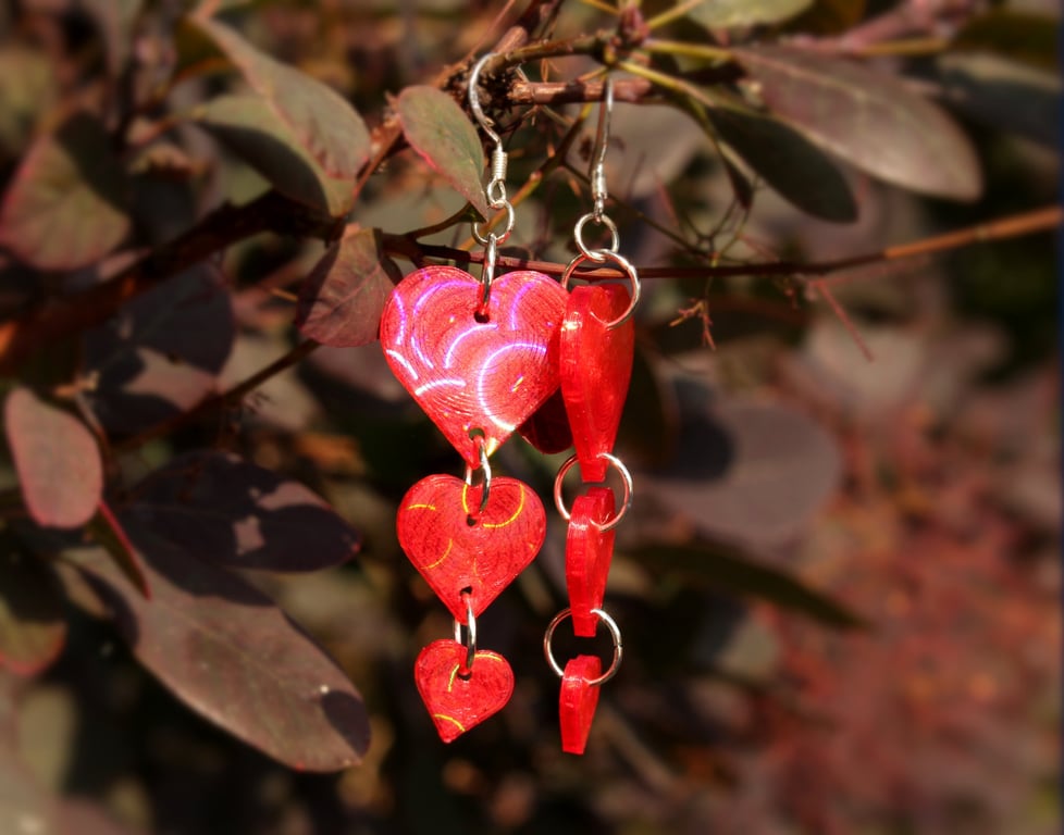 Holographic Red Heart Dangle Earrings - 3D Printed - Sterling Silver Hooks