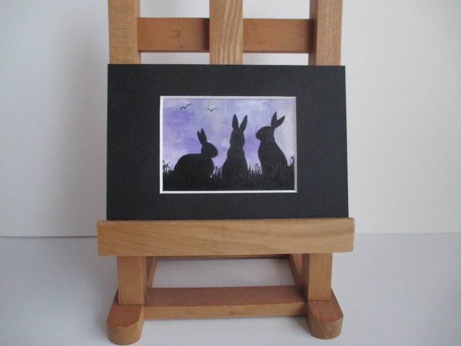 ACEO original painting Bunny Rabbit Silhouette in mount and ready to frame