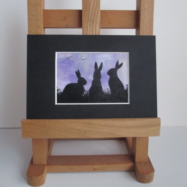 ACEO original painting Bunny Rabbit Silhouette in mount and ready to frame