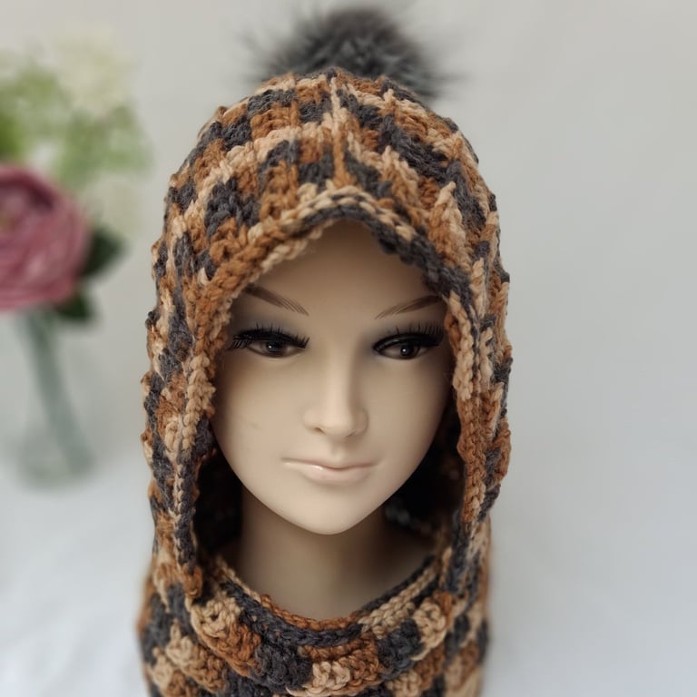 Handmade crochet balaclava, hooded cowl neck warmer.
