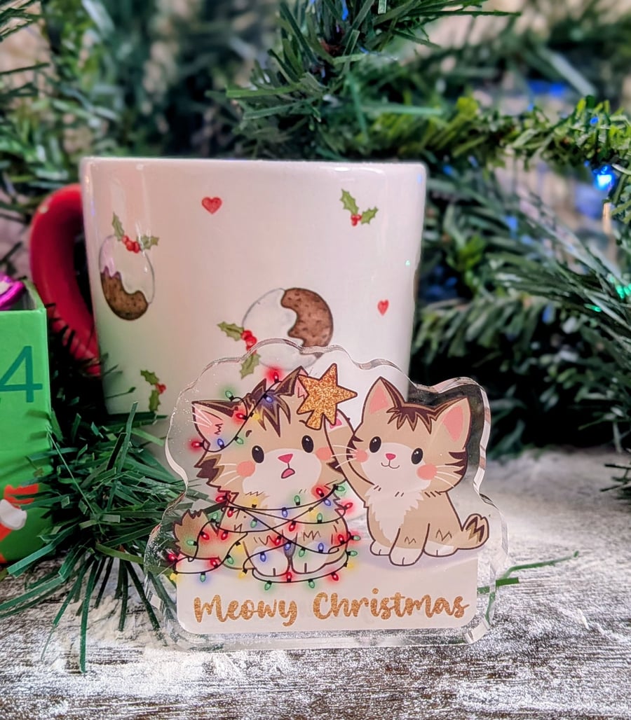 Meowy Christmas Acrylic Standee - Double Sided Cat Decor 70mm - Monty & Mabel