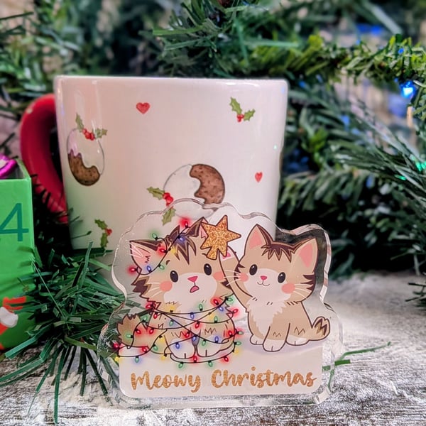 Meowy Christmas Acrylic Standee - Double Sided Cat Decor 70mm - Monty & Mabel